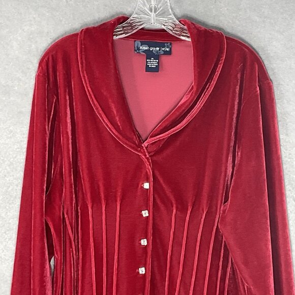 Susan Graver Velvet Tunic Size XL Red Pleated Button Up Blouse Holiday Luxurious - Picture 4 of 12